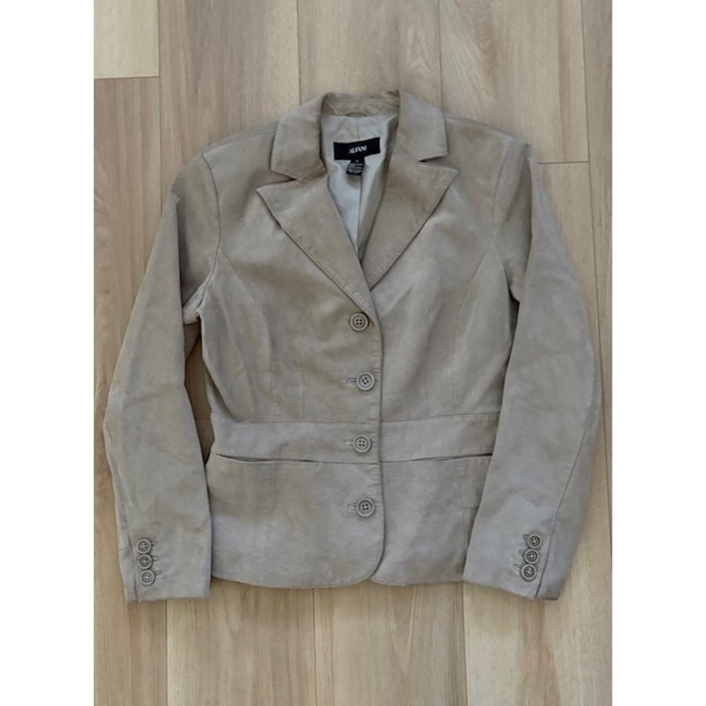 Alfani Women's Suede Leather Jacket Fitted Blazer Button Front Beige Medium